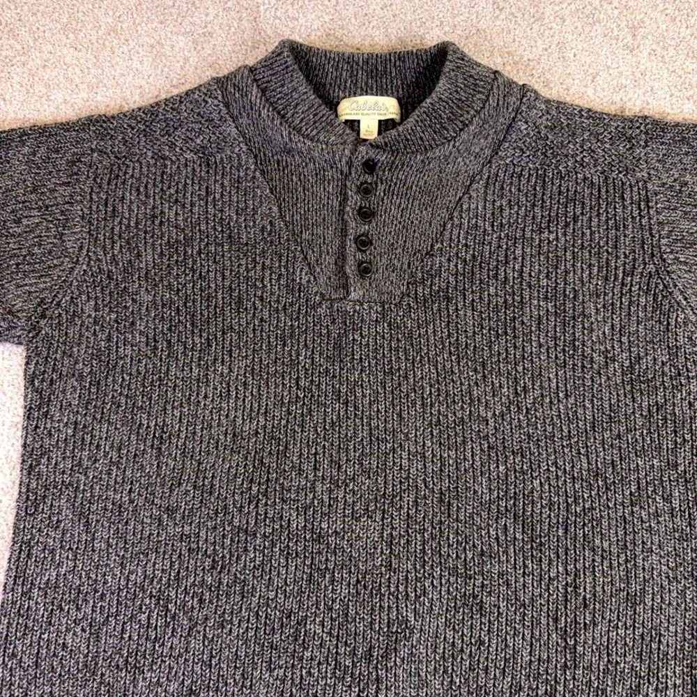 Cabelas Henley Sweater Mens L Chunky Knit 100% Cotton Pullover Gray Mock Ribbed